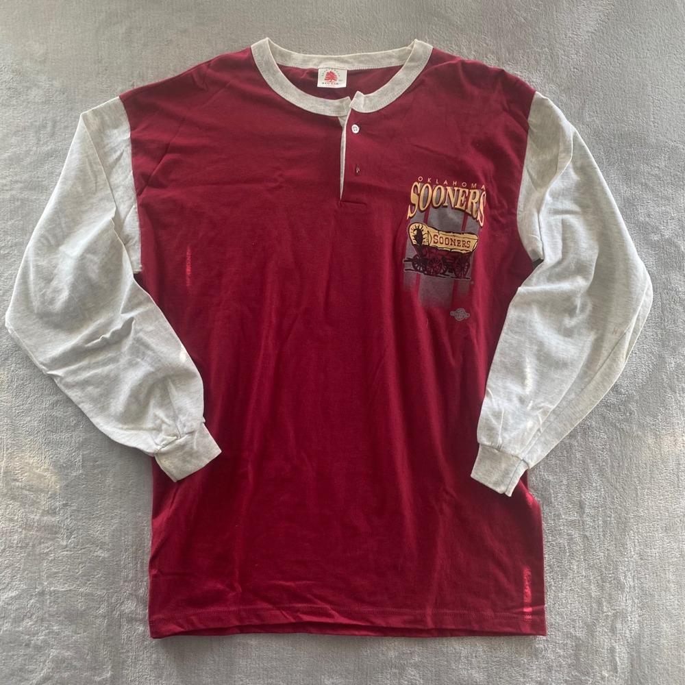 Vintage Red Oak Oklahoma Sooners Henley Shirt Maroon Grey Large OU 90 Sportswear
